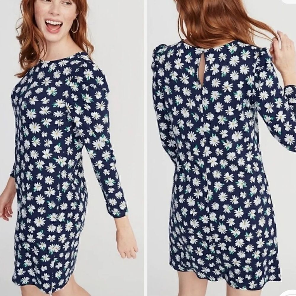 NWT Old Navy Floral Daisy Printed Knit Round Neck Long Sleeve Shift Dress